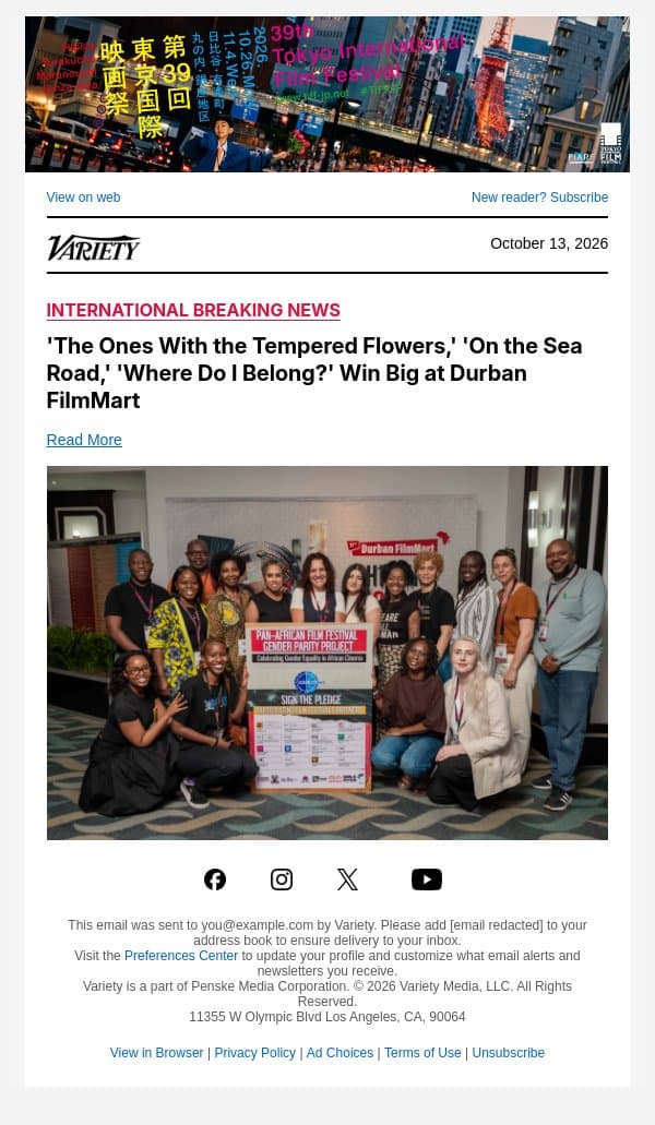 'The Ones With the Tempered Flowers,' 'On the Sea Road,' 'Where Do I Belong?' Win Big at Durban FilmMart email from Variety screenshot