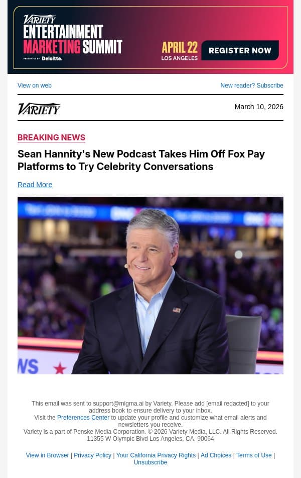 Sean Hannity's New Podcast Takes Him Off Fox Pay Platforms to Try Celebrity Conversations email from Variety screenshot