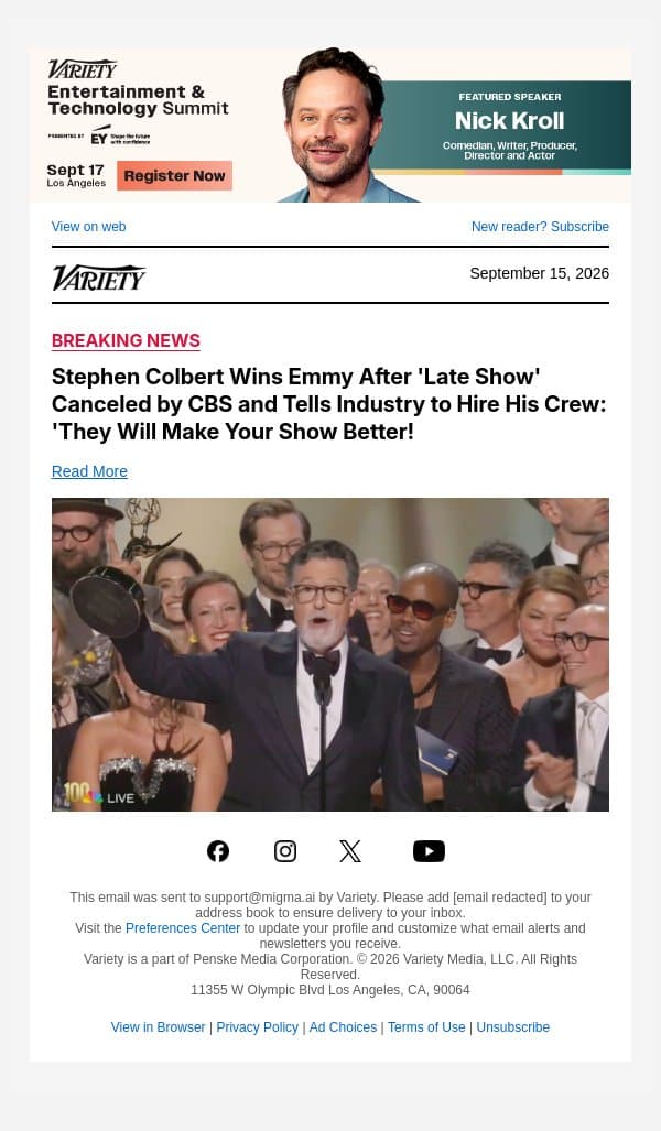 Stephen Colbert Wins Emmy After 'Late Show' Canceled by CBS and Tells Industry to Hire His Crew: 'They Will Make Your Show Better! email from Variety screenshot