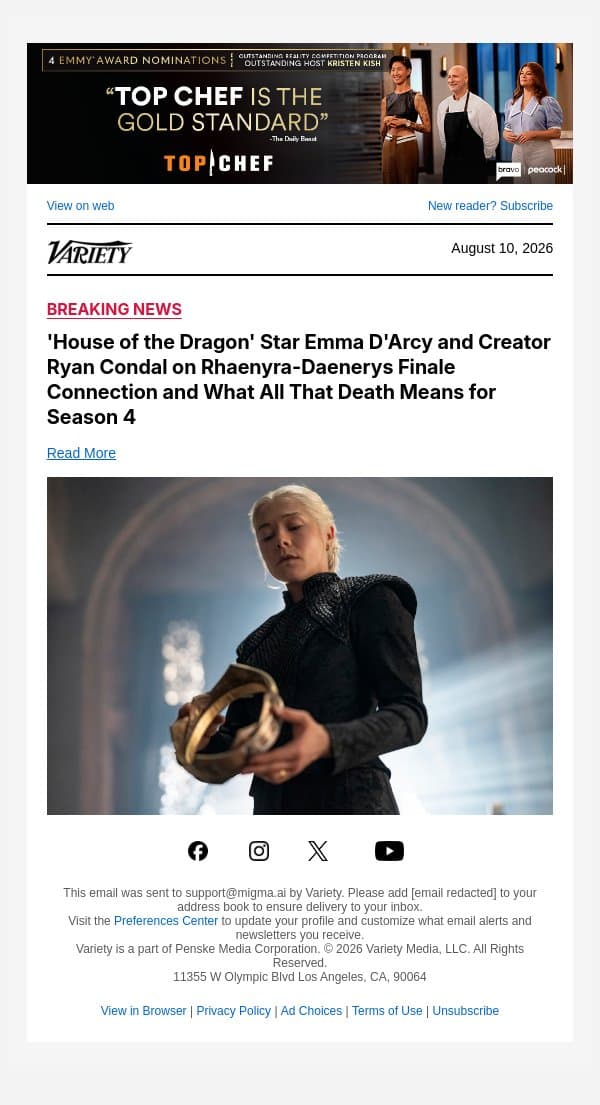 'House of the Dragon' Star Emma D'Arcy and Creator Ryan Condal on Rhaenyra-Daenerys Finale Connection and What All That Death Means for Season 4 email from Variety screenshot