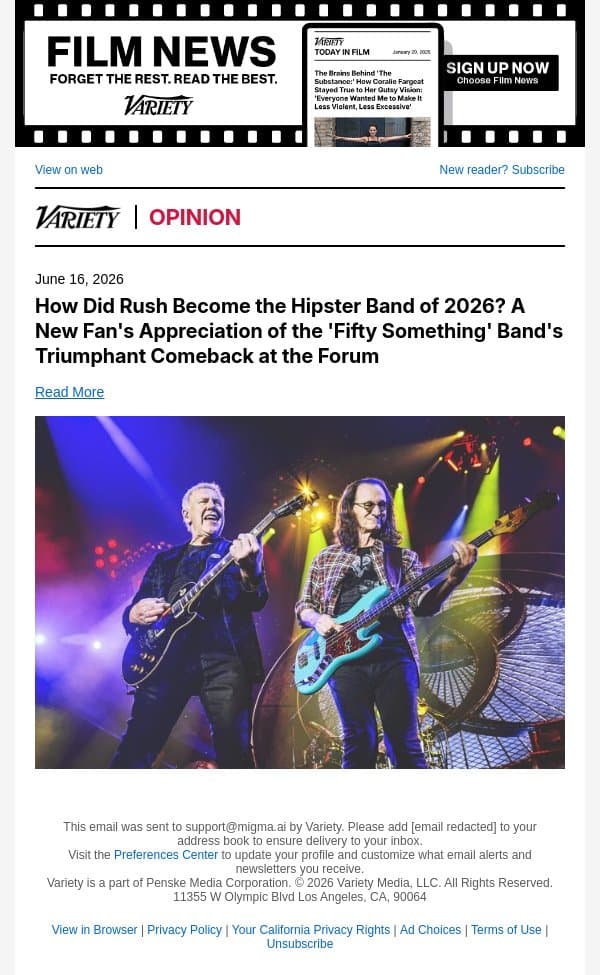 How Did Rush Become the Hipster Band of 2026? A New Fan's Appreciation of the 'Fifty Something' Band's Triumphant Comeback at the Forum email from Variety screenshot