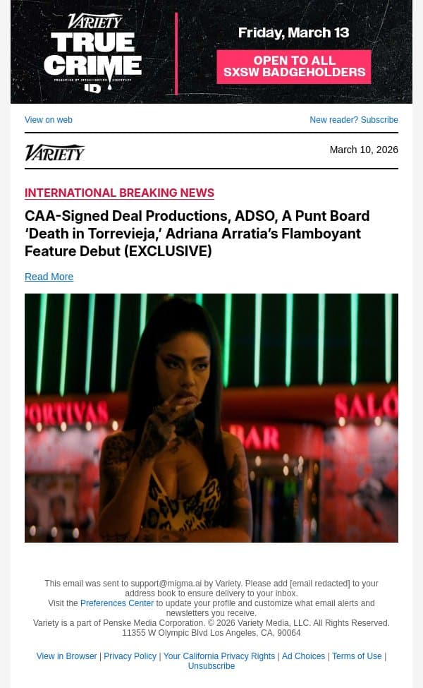 CAA-Signed Deal Productions, ADSO, A Punt Board ‘Death in Torrevieja,’ Adriana Arratia’s Flamboyant Feature Debut (EXCLUSIVE) email from Variety screenshot