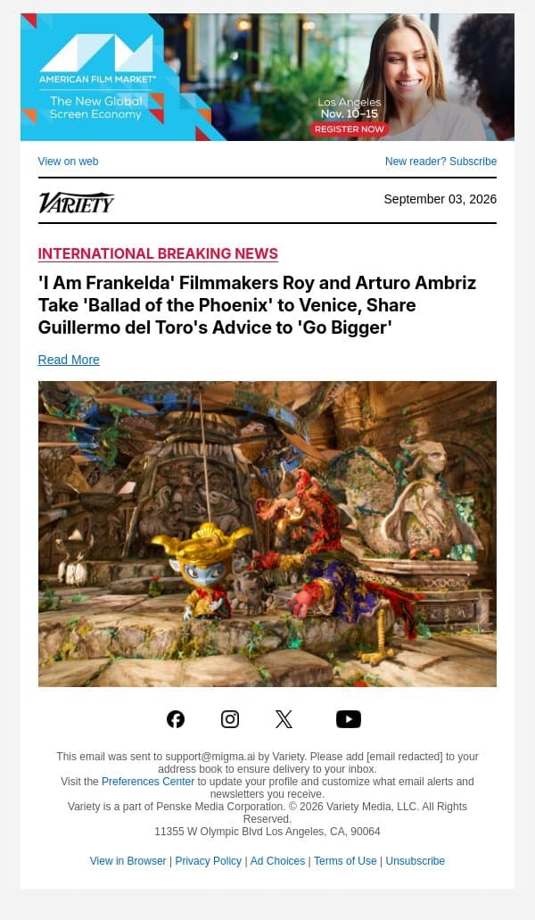 'I Am Frankelda' Filmmakers Roy and Arturo Ambriz Take 'Ballad of the Phoenix' to Venice, Share Guillermo del Toro's Advice to 'Go Bigger' email from Variety screenshot