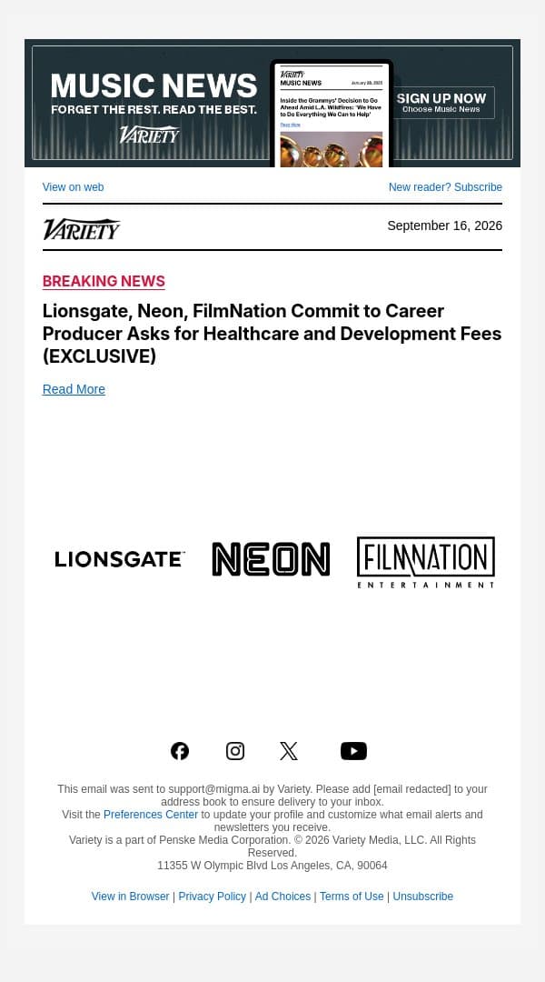 Lionsgate, Neon, FilmNation Commit to Career Producer Asks for Healthcare and Development Fees (EXCLUSIVE) email from Variety screenshot