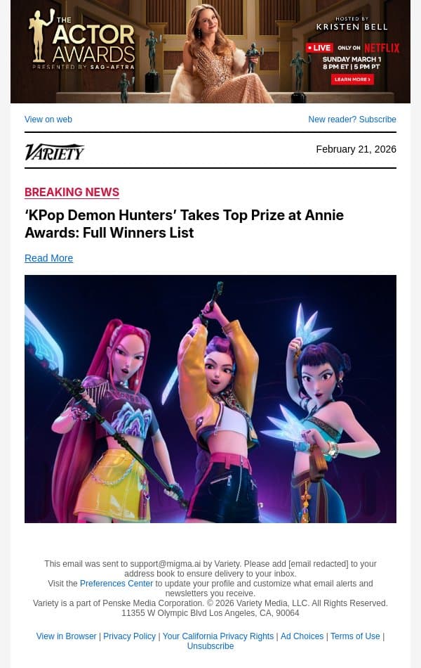 ‘KPop Demon Hunters’ Takes Top Prize at Annie Awards: Full Winners List email from Variety screenshot