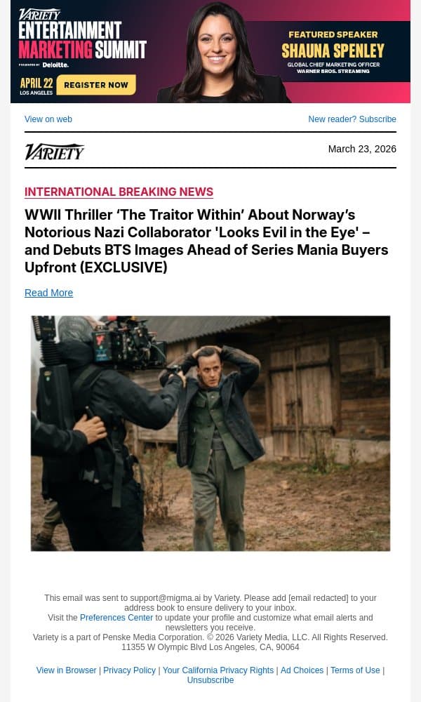 WWII Thriller ‘The Traitor Within’ About Norway’s Notorious Nazi Collaborator 'Looks Evil in the Eye' – and Debuts BTS Images Ahead of Series Mania Buyers Upfront (EXCLUSIVE) email from Variety screenshot