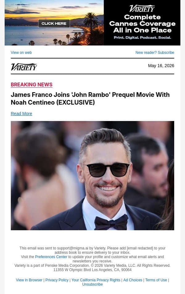 James Franco Joins 'John Rambo' Prequel Movie With Noah Centineo (EXCLUSIVE) email from Variety screenshot