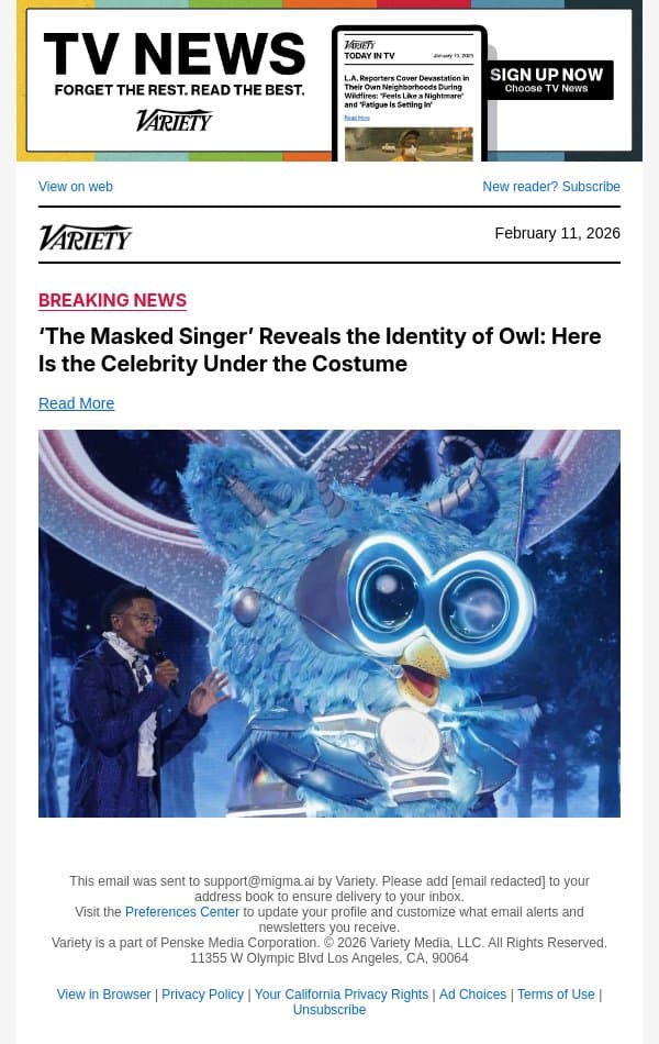 ‘The Masked Singer’ Reveals the Identity of Owl: Here Is the Celebrity Under the Costume email from Variety screenshot