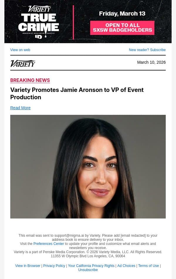 Variety Promotes Jamie Aronson to VP of Event Production email from Variety screenshot