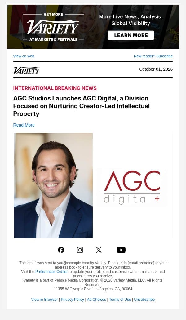 AGC Studios Launches AGC Digital, a Division Focused on Nurturing Creator-Led Intellectual Property email from Variety screenshot