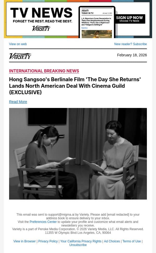Hong Sangsoo's Berlinale Film 'The Day She Returns' Lands North American Deal With Cinema Guild (EXCLUSIVE) email from Variety screenshot