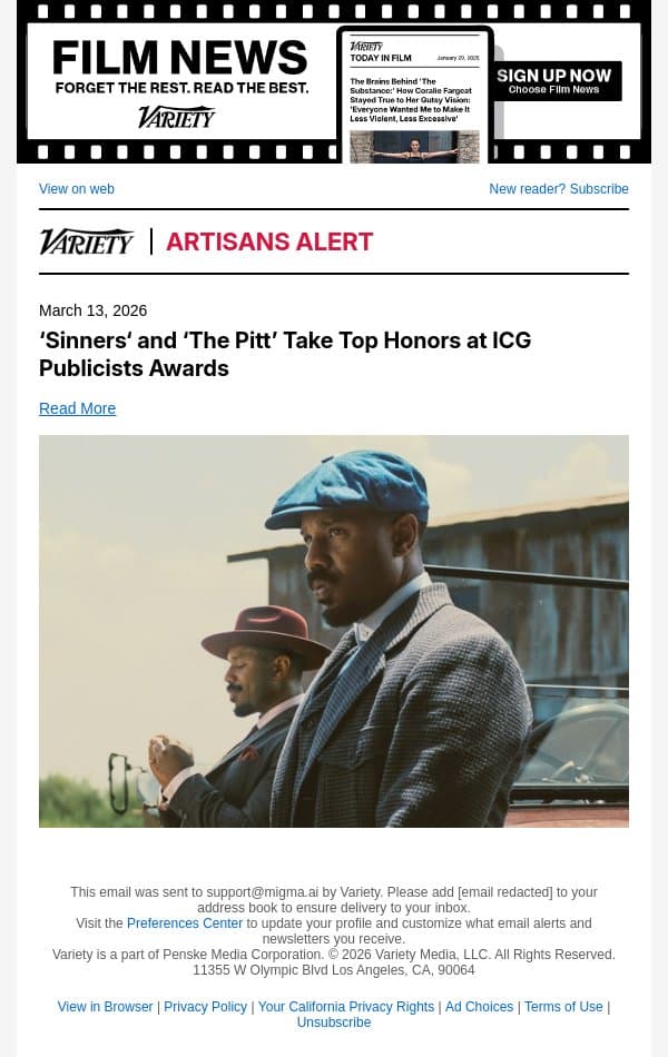 ‘Sinners‘ and ‘The Pitt’ Take Top Honors at ICG Publicists Awards email from Variety screenshot