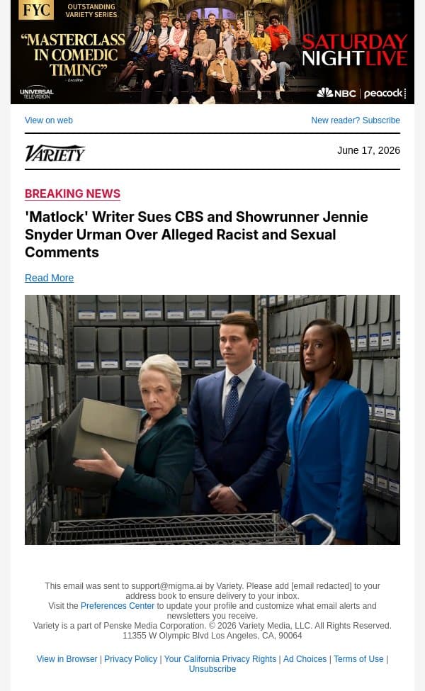 'Matlock' Writer Sues CBS and Showrunner Jennie Snyder Urman Over Alleged Racist and Sexual Comments email from Variety screenshot