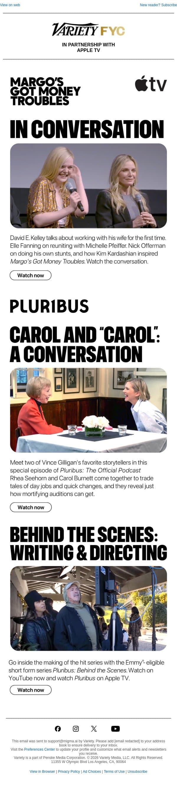 The Creative Forces and Cast Behind the Comedy Margo’s Got Money Troubles and Drama Pluribus | Watch Now email from Variety screenshot