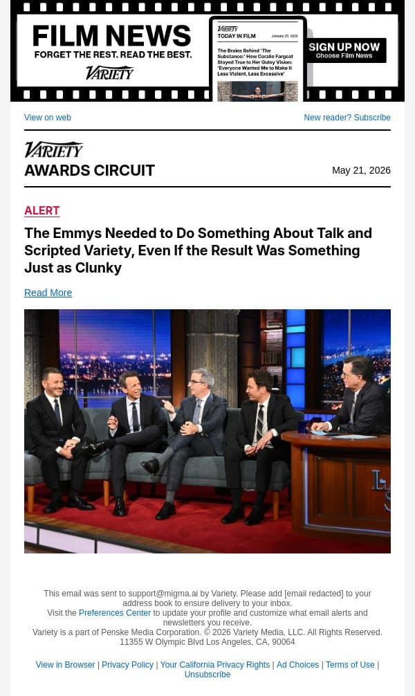 The Emmys Needed to Do Something About Talk and Scripted Variety, Even If the Result Was Something Just as Clunky email from Variety screenshot
