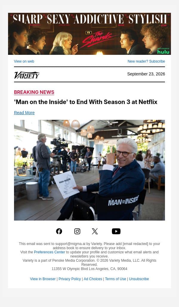 'Man on the Inside' to End With Season 3 at Netflix email from Variety screenshot