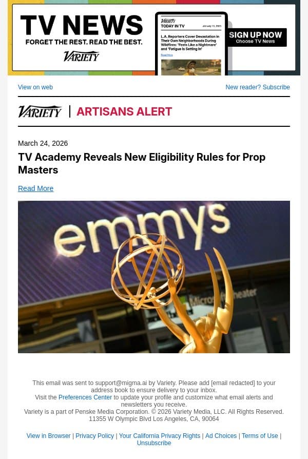 TV Academy Reveals New Eligibility Rules for Prop Masters email from Variety screenshot
