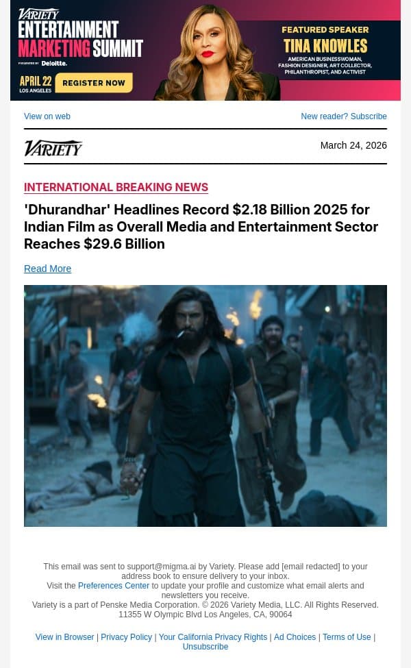 'Dhurandhar' Headlines Record $2.18 Billion 2025 for Indian Film as Overall Media and Entertainment Sector Reaches $29.6 Billion email from Variety screenshot