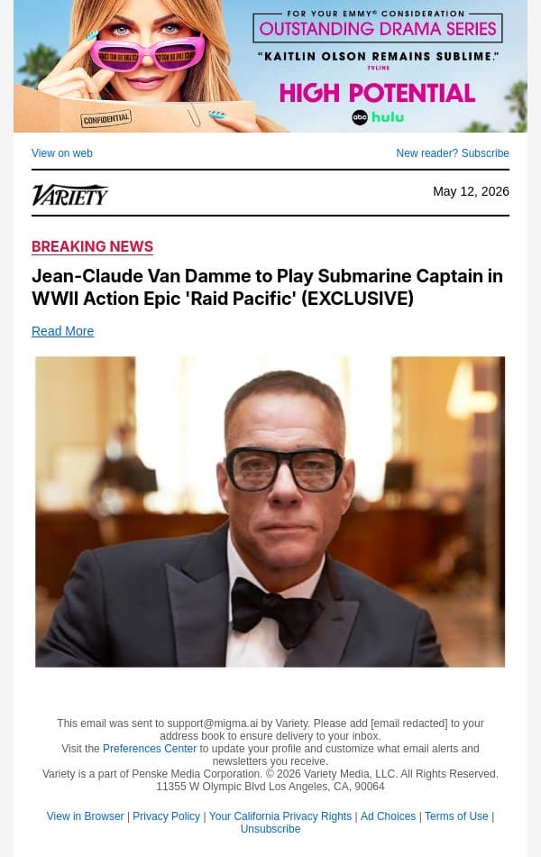 Jean-Claude Van Damme to Play Submarine Captain in WWII Action Epic 'Raid Pacific' (EXCLUSIVE) email from Variety screenshot