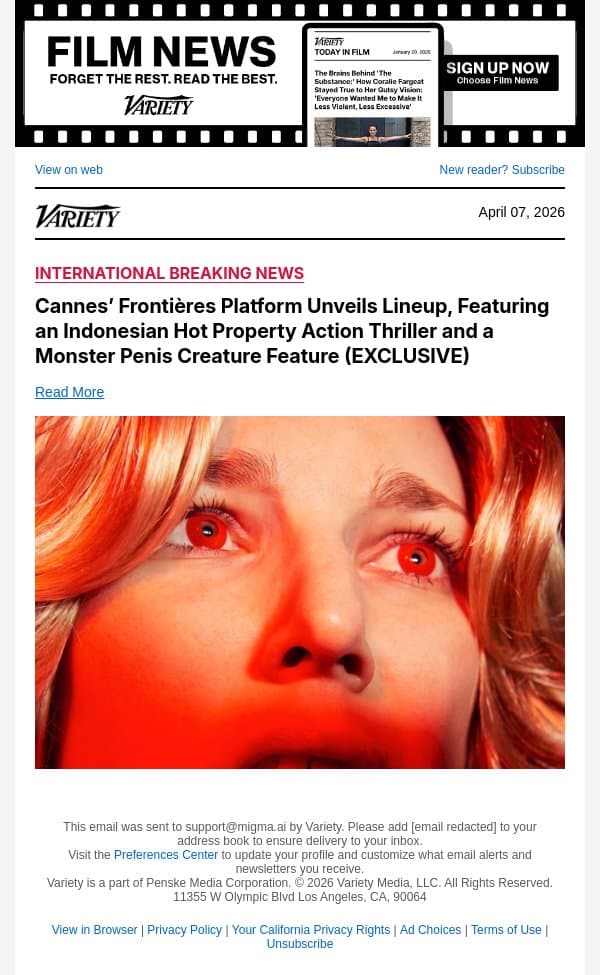 Cannes’ Frontières Platform Unveils Lineup, Featuring an Indonesian Hot Property Action Thriller and a Monster Penis Creature Feature (EXCLUSIVE) email from Variety screenshot
