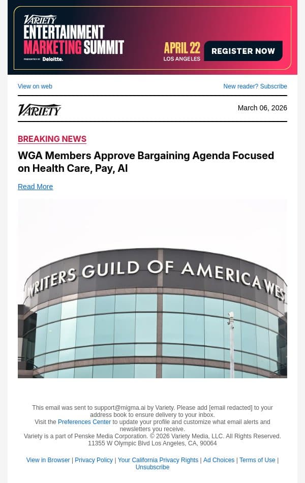 WGA Members Approve Bargaining Agenda Focused on Health Care, Pay, AI email from Variety screenshot