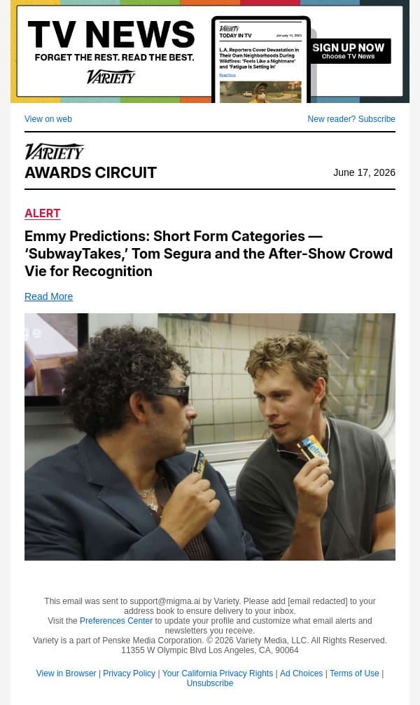 Emmy Predictions: Short Form Categories — ‘SubwayTakes,’ Tom Segura and the After-Show Crowd Vie for Recognition email from Variety screenshot