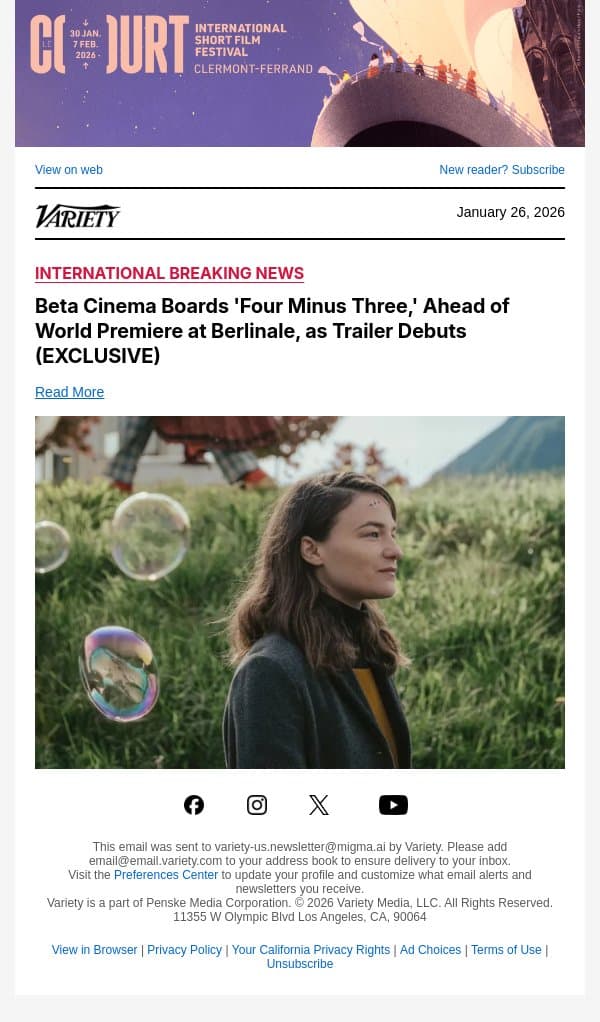 Beta Cinema Boards 'Four Minus Three,' Ahead of World Premiere at Berlinale, as Trailer Debuts (EXCLUSIVE) email from Variety screenshot
