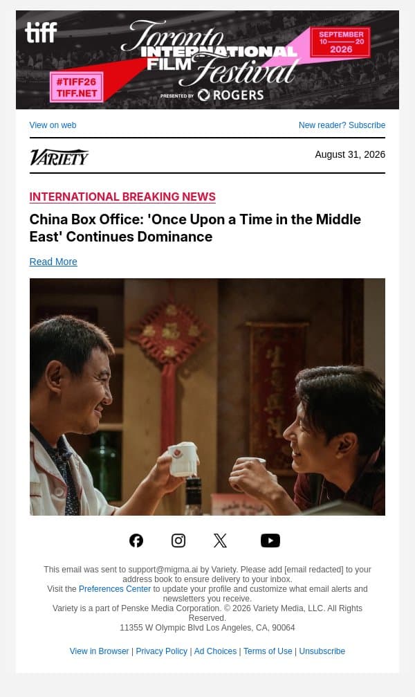 China Box Office: 'Once Upon a Time in the Middle East' Continues Dominance email from Variety screenshot