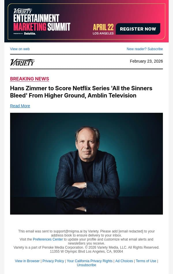 Hans Zimmer to Score Netflix Series 'All the Sinners Bleed' From Higher Ground, Amblin Television email from Variety screenshot