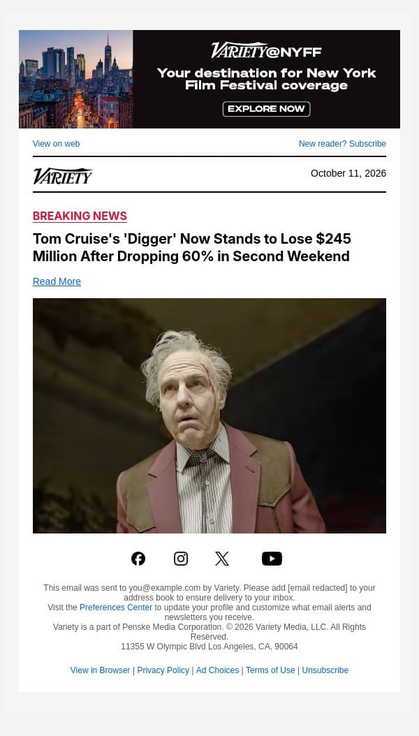 Tom Cruise's 'Digger' Now Stands to Lose $245 Million After Dropping 60% in Second Weekend email from Variety screenshot