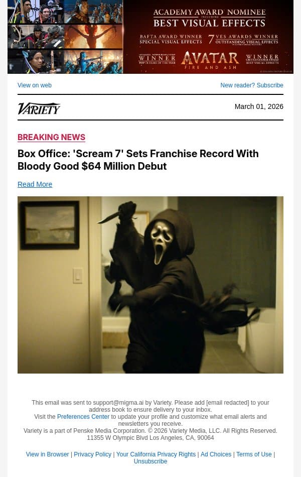 Box Office: 'Scream 7' Sets Franchise Record With Bloody Good $64 Million Debut email from Variety screenshot