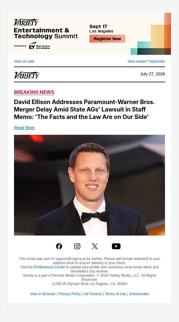 David Ellison Addresses Paramount-Warner Bros. Merger Delay Amid State AGs' Lawsuit in Staff Memo: 'The Facts and the Law Are on Our Side' email from Variety screenshot