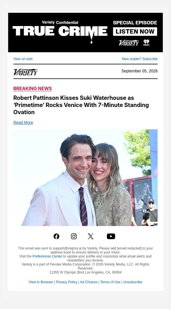 Robert Pattinson Kisses Suki Waterhouse as ‘Primetime’ Rocks Venice With 7-Minute Standing Ovation email from Variety screenshot