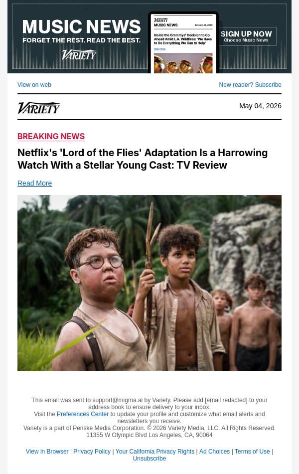 Netflix's 'Lord of the Flies' Adaptation Is a Harrowing Watch With a Stellar Young Cast: TV Review email from Variety screenshot