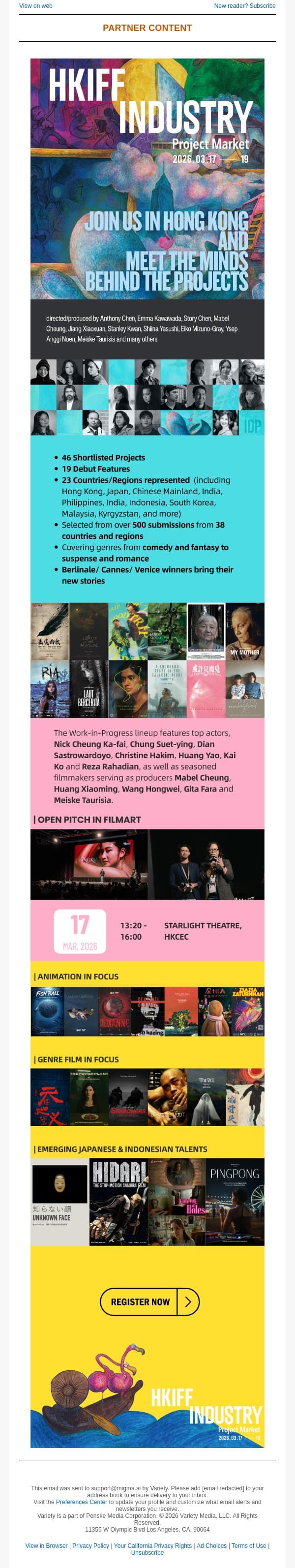 Register for HKIFF Industry Project Market Now to Meet the Next Generation of Asian Cinema! email from Variety screenshot