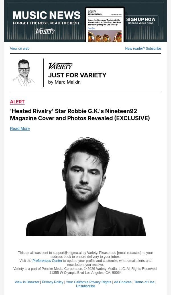 'Heated Rivalry' Star Robbie G.K.'s Nineteen92 Magazine Cover and Photos Revealed (EXCLUSIVE) email from Variety screenshot
