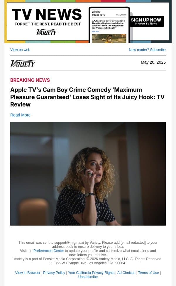 Apple TV's Cam Boy Crime Comedy 'Maximum Pleasure Guaranteed' Loses Sight of Its Juicy Hook: TV Review email from Variety screenshot