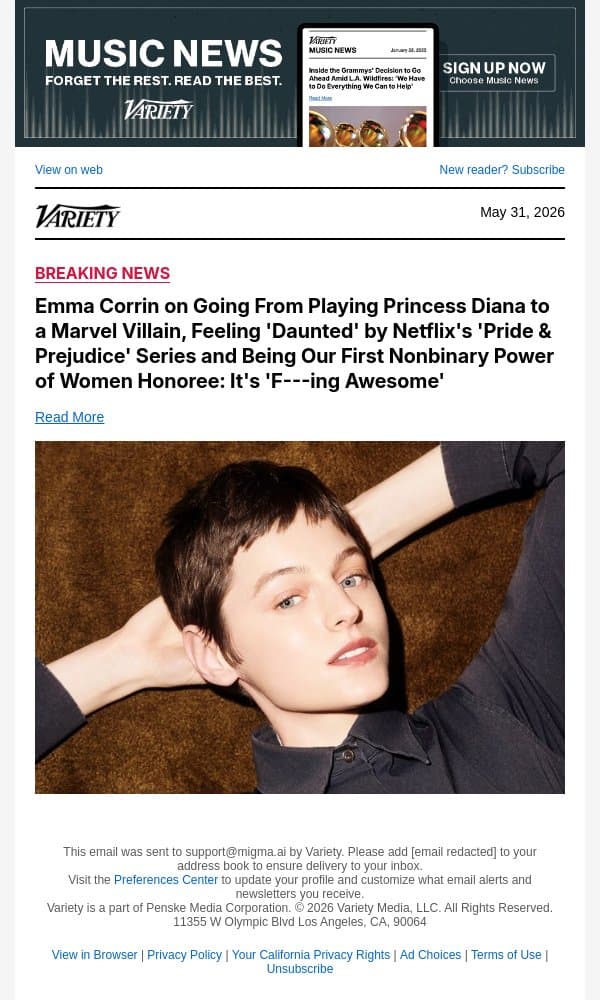 Emma Corrin on Going From Playing Princess Diana to a Marvel Villain, Feeling 'Daunted' by Netflix's 'Pride and Prejudice' Series and Being Our First Nonbinary Power of Women Honoree: It's 'F---ing Awesome' email from Variety screenshot