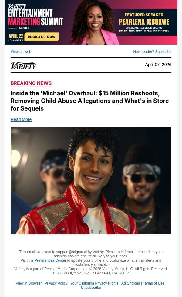 Inside the 'Michael' Overhaul: $15 Million Reshoots, Removing Child Abuse Allegations and What's in Store for Sequels email from Variety screenshot
