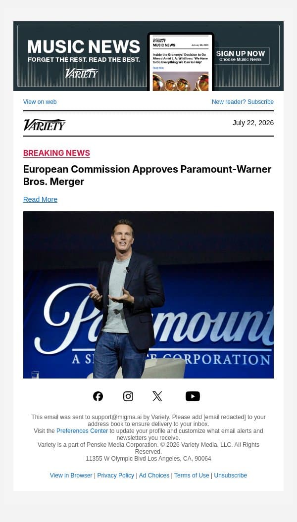 European Commission Approves Paramount-Warner Bros. Merger email from Variety screenshot