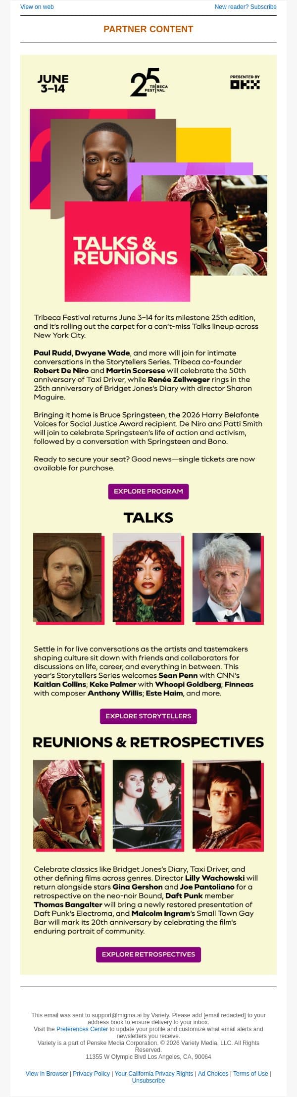 Springsteen, Este Haim, Finneas—Tribeca Festival’s Talks lineup is here! email from Variety screenshot