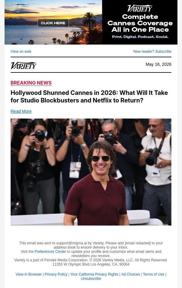 Hollywood Shunned Cannes in 2026: What Will It Take for Studio Blockbusters and Netflix to Return? email from Variety screenshot