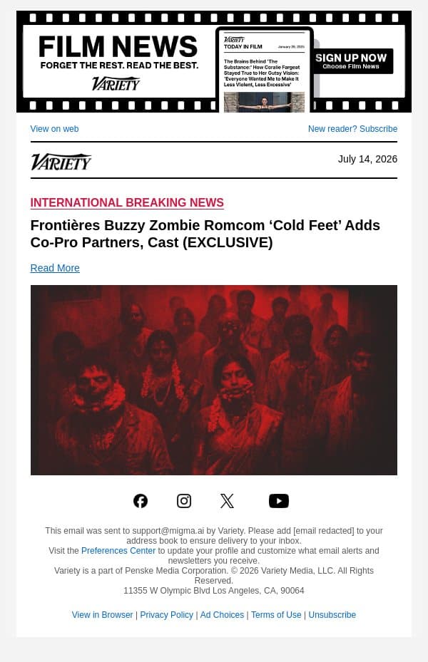 Frontières Buzzy Zombie Romcom ‘Cold Feet’ Adds Co-Pro Partners, Cast (EXCLUSIVE) email from Variety screenshot