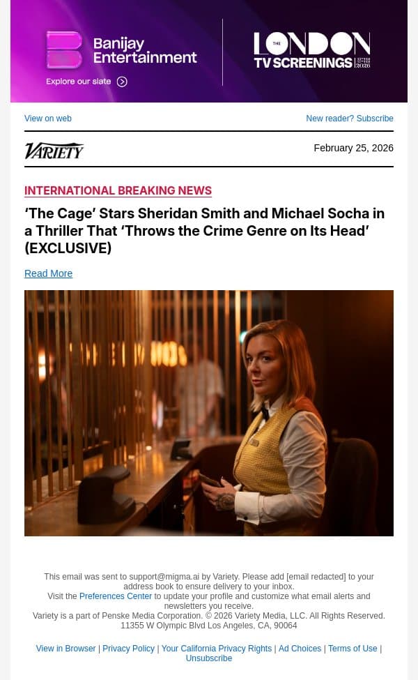 ‘The Cage’ Stars Sheridan Smith and Michael Socha in a Thriller That ‘Throws the Crime Genre on Its Head’ (EXCLUSIVE) email from Variety screenshot