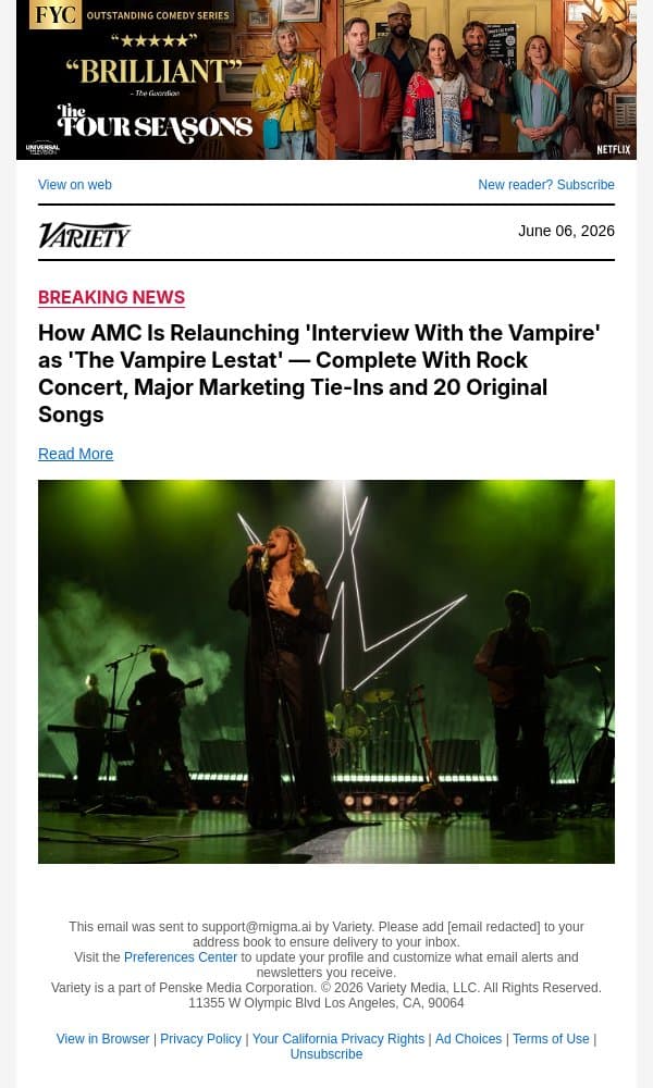 How AMC Is Relaunching 'Interview With the Vampire' as 'The Vampire Lestat' — Complete With Rock Concert, Major Marketing Tie-Ins and 20 Original Songs email from Variety screenshot