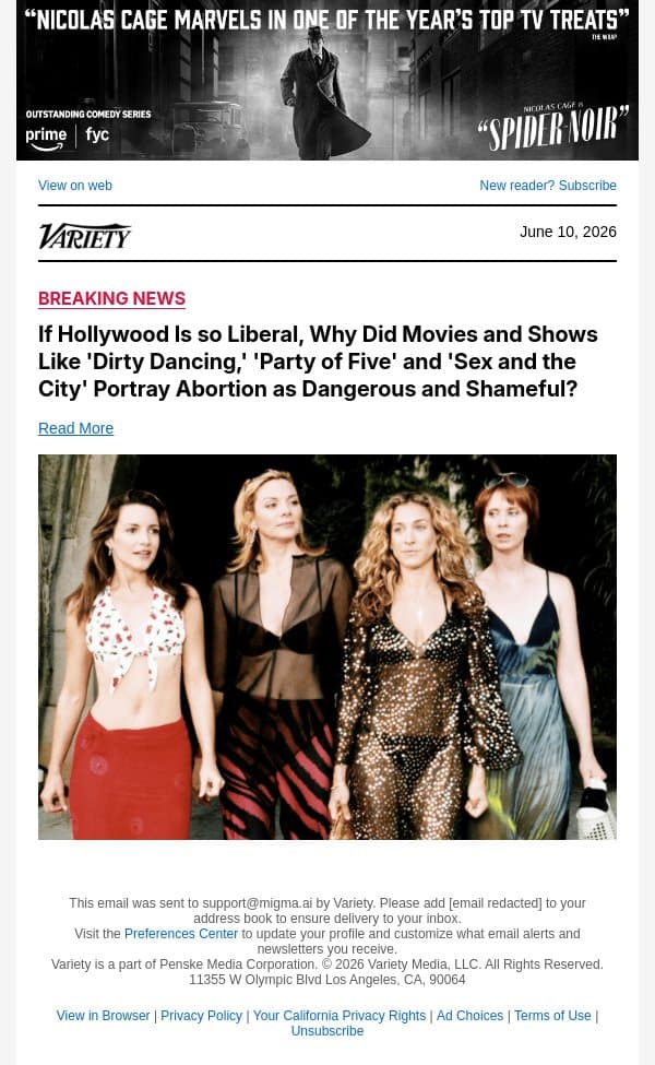 If Hollywood Is so Liberal, Why Did Movies and Shows Like 'Dirty Dancing,' 'Party of Five' and 'Sex and the City' Portray Abortion as Dangerous and Shameful? email from Variety screenshot