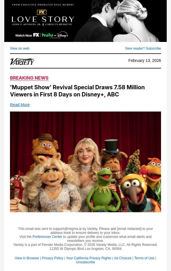 'Muppet Show' Revival Special Draws 7.58 Million Viewers in First 8 Days on Disney+, ABC email from Variety screenshot
