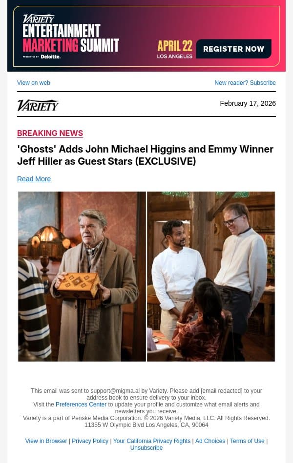 'Ghosts' Adds John Michael Higgins and Emmy Winner Jeff Hiller as Guest Stars (EXCLUSIVE) email from Variety screenshot