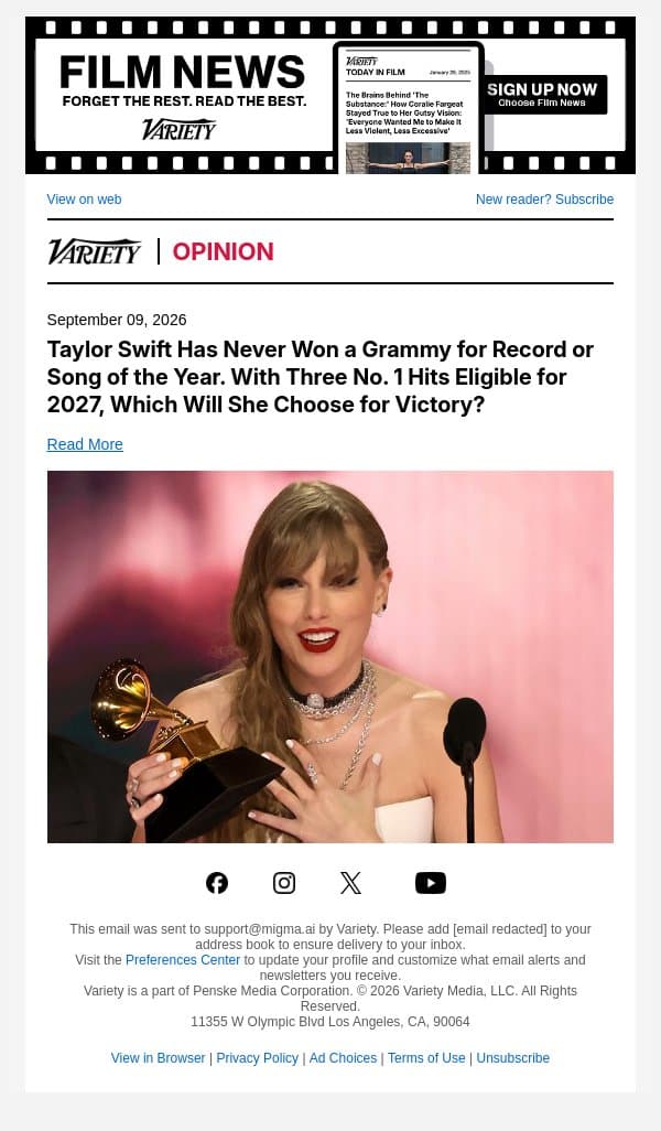 Taylor Swift Has Never Won a Grammy for Record or Song of the Year. With Three No. 1 Hits Eligible for 2027, Which Will She Choose for Victory? email from Variety screenshot