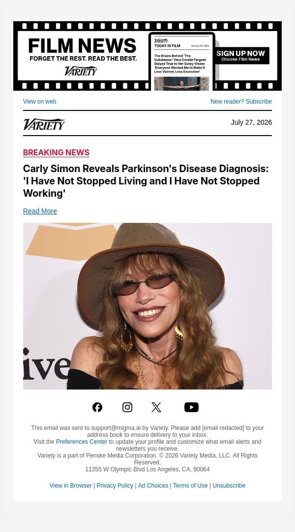 Carly Simon Reveals Parkinson's Disease Diagnosis: 'I Have Not Stopped Living and I Have Not Stopped Working' email from Variety screenshot